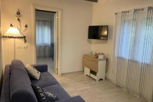 Auri's Home في فولاسترا: غرفة معيشة بها أريكة زرقاء وتلفزيون