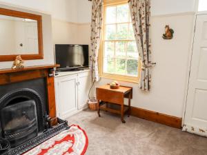 a living room with a fireplace and a window at Bumble Bee Cottage in Alford