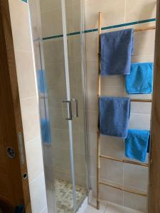 eine Dusche mit blauen Handtüchern im Bad in der Unterkunft La Turenne in Narbonne