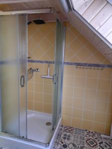 a shower with a glass door in a bathroom at Guest House Vidravar in Tabdi