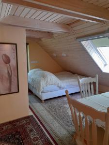 een zolderkamer met een bed en een dakraam bij Guest House Vidravar in Tabdi