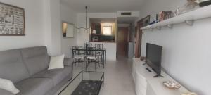 a living room with a couch and a television at Blanes Apartamento S'Abanell central park in Blanes