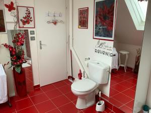 a bathroom with a toilet and a red tile floor at Chambres d'hotes le nid fleuri de Cravanche in Cravanche +43 photos