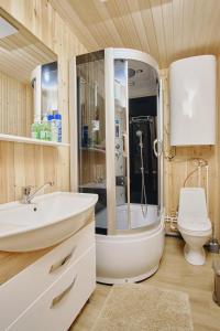 a bathroom with a shower and a sink and a toilet at Tourist complex Gornoe Ozero in Artybash