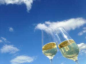 two glasses of white wine against a blue sky at Hotel Gästehaus Hochmann Stadecken in Stadecken-Elsheim