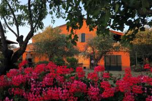 a garden with pink flowers in front of a building at Agriturismo Colomboni in San Costanzo