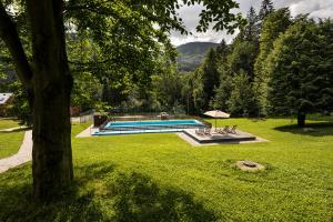 una piscina en un patio con un árbol en Horský hotel Lorkova vila en Čeladná