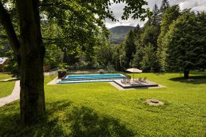 een zwembad in een tuin met een boom bij Horský hotel Lorkova vila in Čeladná