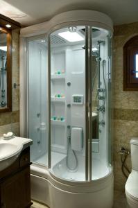 een badkamer met een douche en een wastafel bij Rentinia Inn in Rentína