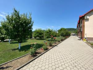 een stoep met bomen en bloemen in een park bij Pensiune CasaMircea in Bistriţa