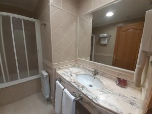 baño con lavabo y espejo grande en Hotel El Pentágono en Muñana