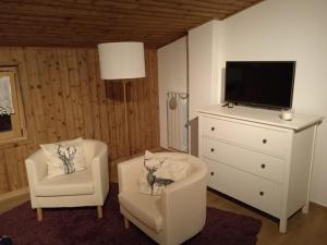 a living room with two chairs and a tv and a dresser at La Mansarda in Lozzo Cadore