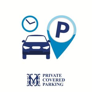 a car on a map and a private covered parking sign at Relais Mareluna - Luxury Apartments in Salerno