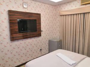 1 dormitorio con 1 cama y TV en la pared en BURJ NAHAR HOTEL L.L.C, en Dubái