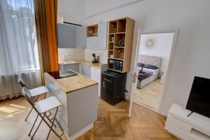 una pequeña cocina con fregadero y una habitación con cama en Ultracentral Cozy Apartment on Calea Victoriei with Amazing View, en Bucarest 14 fotos más