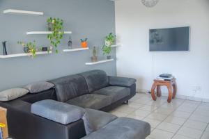 Una sala de estar con un sofá y un televisor. en Le Géranium: T3 avec vue mer exceptionnelle, en Saint-Denis