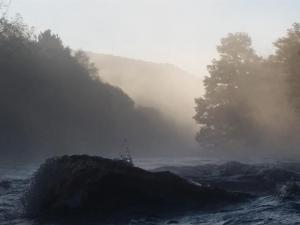 une rivière brumeuse avec des arbres en arrière-plan et un brumeux dans l'établissement The Meetings B&B, à Avoca