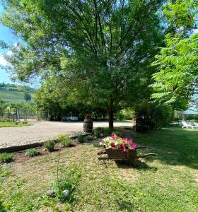 a park with a bench with flowers and a tree at Locanda Del Molino Vecchio in Magliano Alfieri