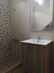 La salle de bains est pourvue d'un lavabo et d'une douche avec un miroir. dans l'établissement Leonidas II Traditional House in Sparta, à Sparte