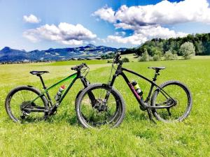 zwei Fahrräder, die im Gras auf einem Feld geparkt sind in der Unterkunft Weindlhof in Waidring