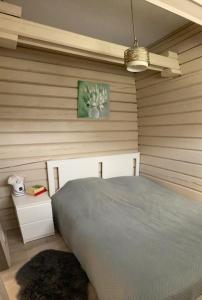 ein Schlafzimmer mit einem Bett und einem Wandgemälde in der Unterkunft Lazariškio apartamentai in Martyniškėnai