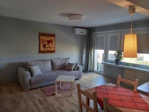 een woonkamer met een bank en een tafel bij Apartament Promenada in Częstochowa