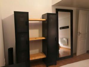 un armario con 2 estanterías negras y un espejo en Gîte La filature, en Saint-Quentin