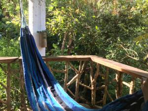 een blauwe hangmat op een veranda met bomen bij Finca Flora del Rio, Habitacion Las Orquideas in Pijao