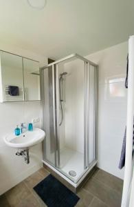 a bathroom with a shower and a sink at Wohnen mit Bergausblick in Wals