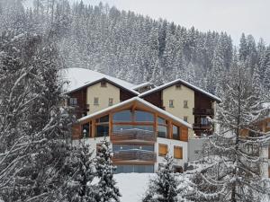 a large house in the snow with trees at Casa Valtiarm in Vattiz