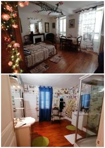 Bransat的住宿－chambres d hôtes Le labyrinthe du peintre，一间卧室和一间带床和圣诞树的客厅
