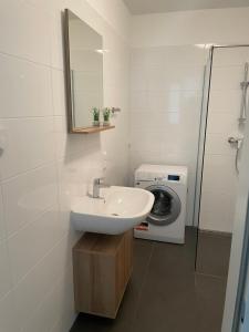 a bathroom with a sink and a washing machine at Albert Schweitzer Center Graz in Graz