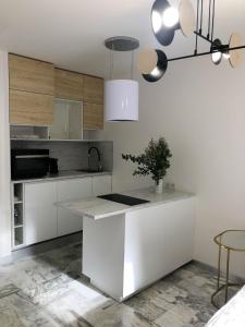 Una cocina con gabinetes blancos y una encimera blanca. en Studio contemporain à Cannes avec terrasse et parking - 35 m², en Cannes