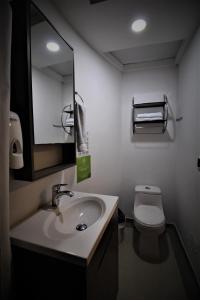 a bathroom with a sink and a toilet and a mirror at Amazilia Hotel in Pereira