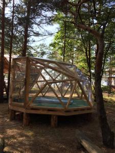 a wooden structure on a wooden table under a tree at Wind Hunters Surf Station in Sosnovyy Bor