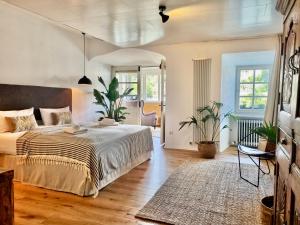 ein Schlafzimmer mit einem Bett und zwei Topfpflanzen in der Unterkunft Boutique Hotel Morgentau in Passau
