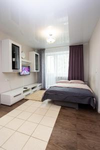 a bedroom with a bed and a tv in it at Центр. Вулиця Руська. 2 кімнати in Ternopilʼ