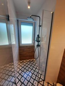 a bathroom with a shower and a window at Babalina's Place in Bihać +27 photos