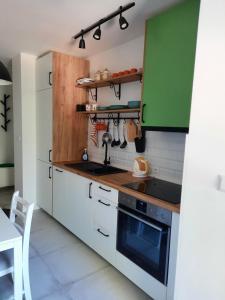ビハチにあるBabalina's Placeのキッチン(白い家電製品、緑のキャビネット付)