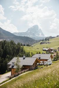 a house on a hill with mountains in the background at Chalet Rich in Val Badia in San Martino in Badia