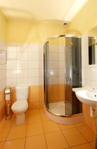 La salle de bains est pourvue d'une douche, de toilettes et d'un lavabo. dans l'établissement Motel Na Skarpie, à Bielsko-Biała