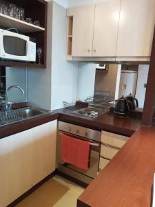 a kitchen with a stove and a sink and a microwave at Viña Park 2 in Viña del Mar