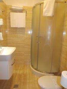 uma casa de banho com um chuveiro, um WC e um lavatório. em West Plaza Residence em Bucareste