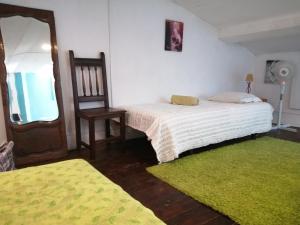 a bedroom with a bed and a chair and a green rug at Alojamento centro do Porto -Almada in Porto
