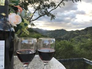 two glasses of wine sitting on a table with a view at VíaLáctea Glamping in Loja