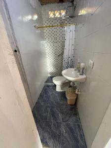 La petite salle de bains est pourvue de toilettes et d'un lavabo. dans l'établissement Hotel Barajas, à Jardín