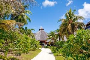 a pathway leading to a resort with palm trees at Denis Private Island Seychelles in Denis Island
