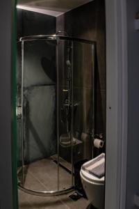 a glass shower in a bathroom with a toilet at Ikaros Art Hotel in Agios Nikolaos