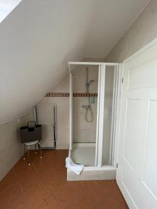 uma casa de banho no sótão com um chuveiro e uma banheira em Ferienwohnung Christiane in der Villa zum Kronprinzen direkt gegenüber der SaarowTherme em Bad Saarow