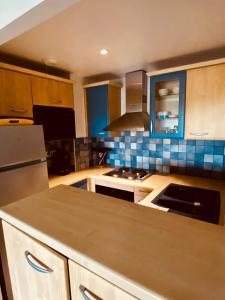 a kitchen with blue cabinets and a counter top at AJACCIO les iles sanguinaires in Ajaccio